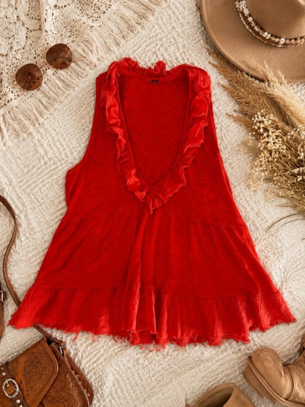 Free People Linen Blend Ruffle Babydoll Tank Top XS Boho Festival Cottagecore
